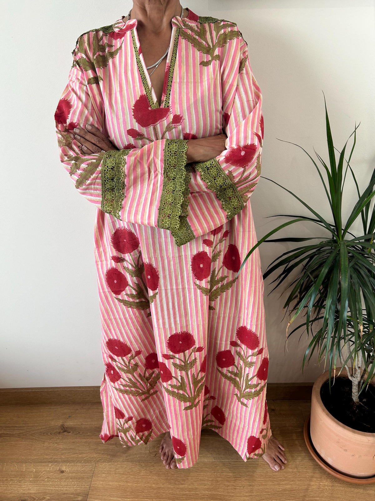 Pink floral striped Chinese collar cotton kaftan,caftan, resort wear,loungewear,gifts for her,boho dress,a line dress,block print dress