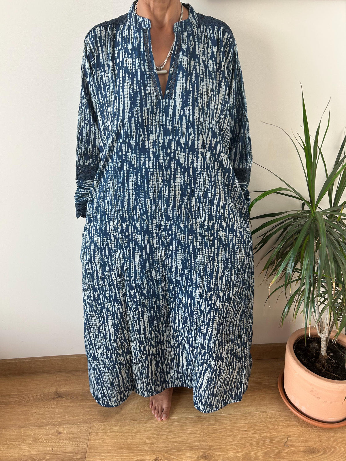 Indigo organic Chinese collar cotton kaftan,caftan, resort wear,loungewear,gifts for her,boho dress,a line dress,block print dress