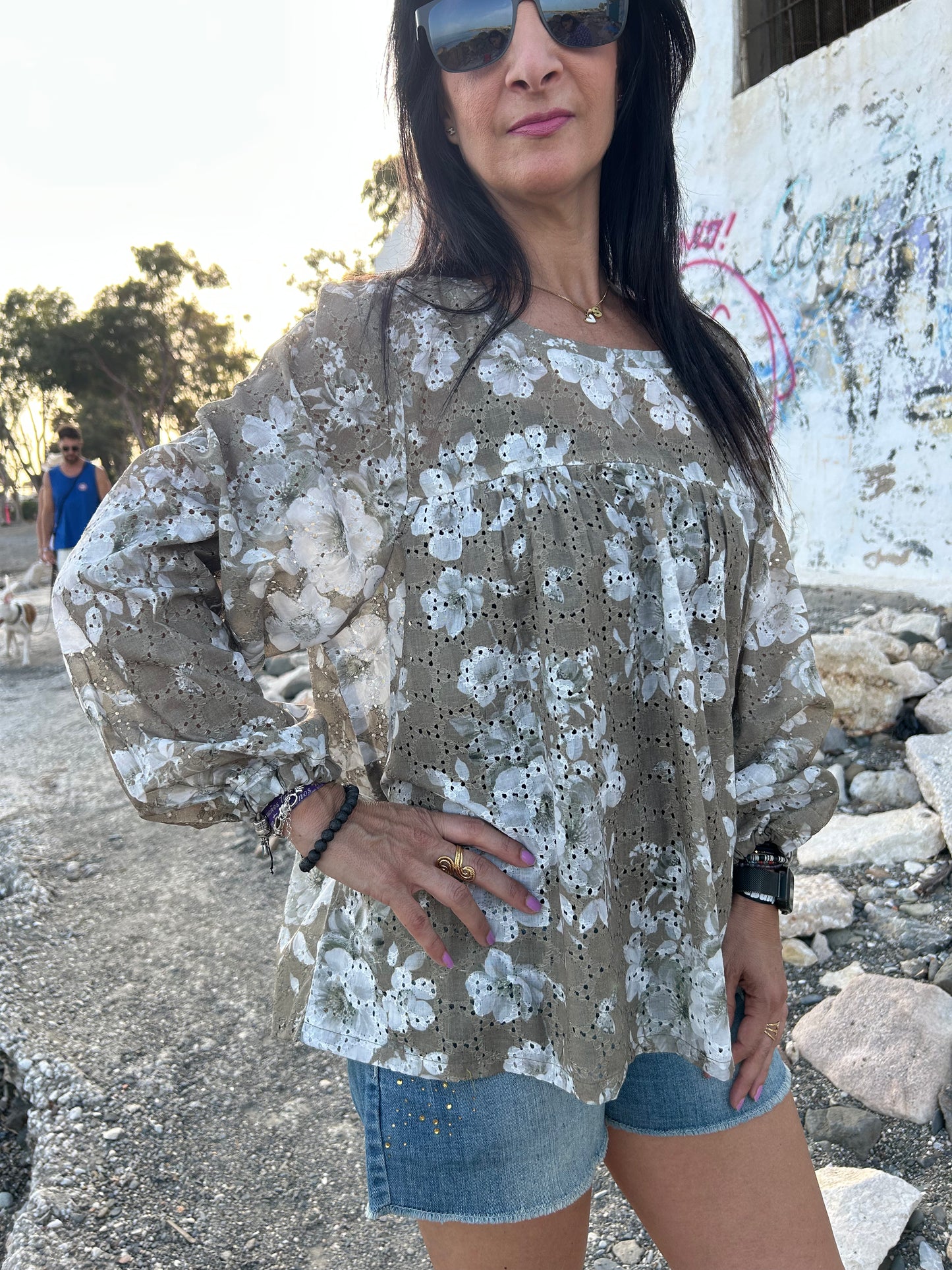 Green floral boho tunic
