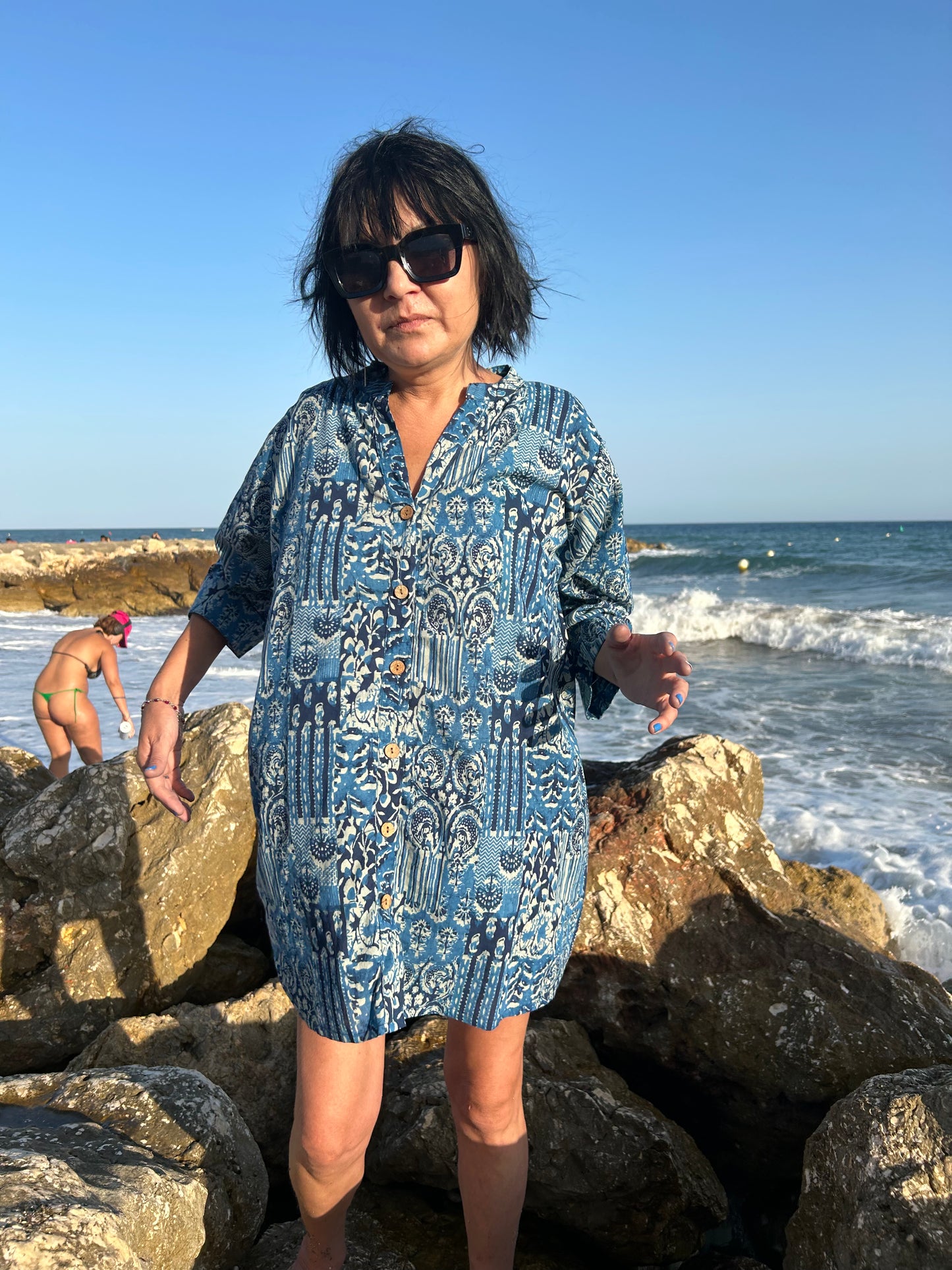 Blue Mixed tiles button down cotton shirt