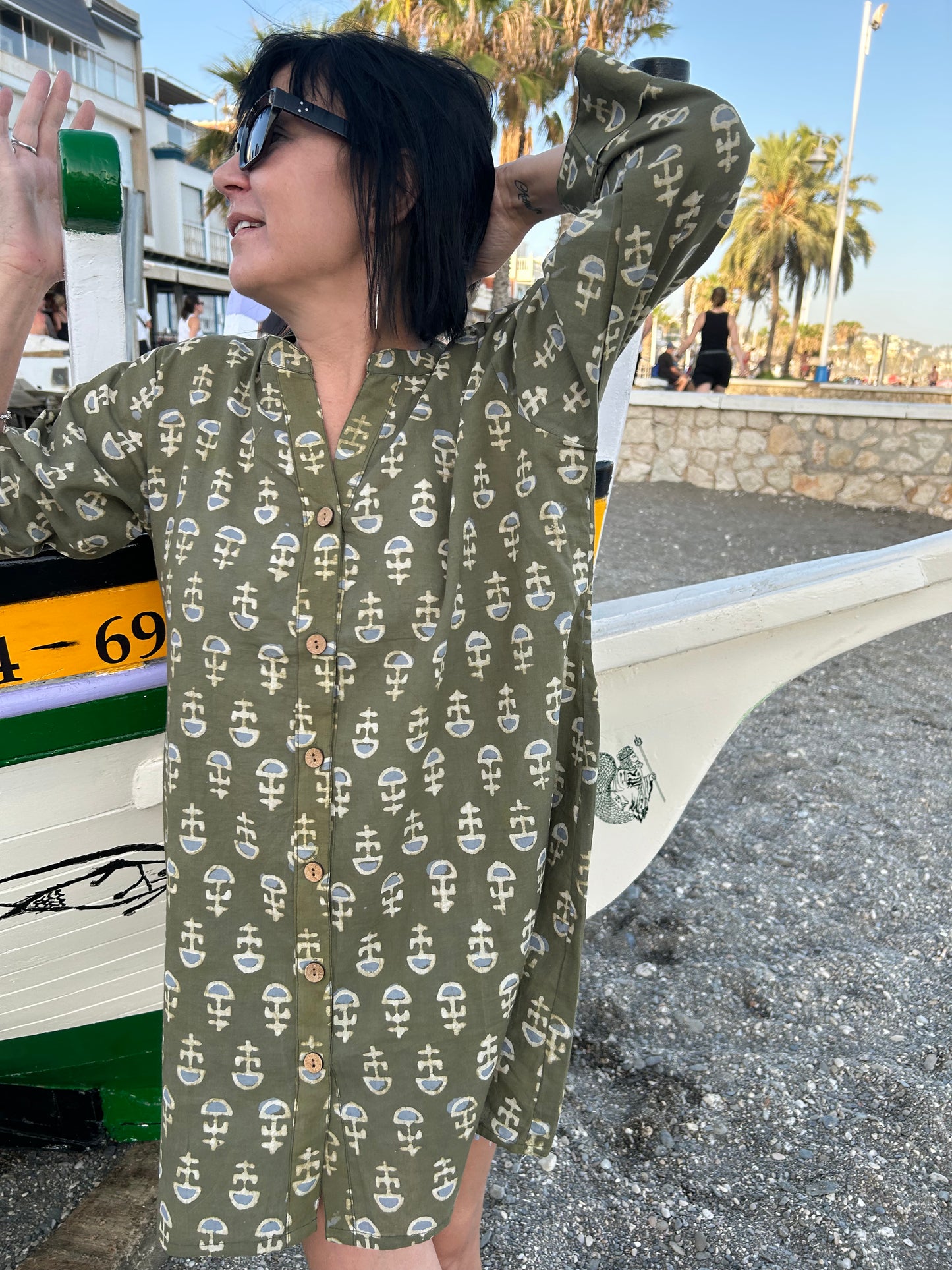 Green floral button down cotton shirt