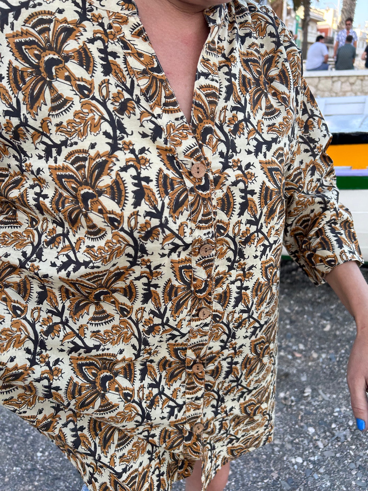 Beige floral cotton button down dress