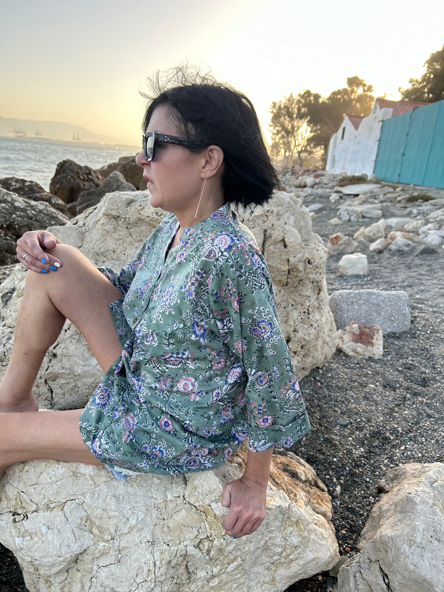 green floral button down cotton shirt