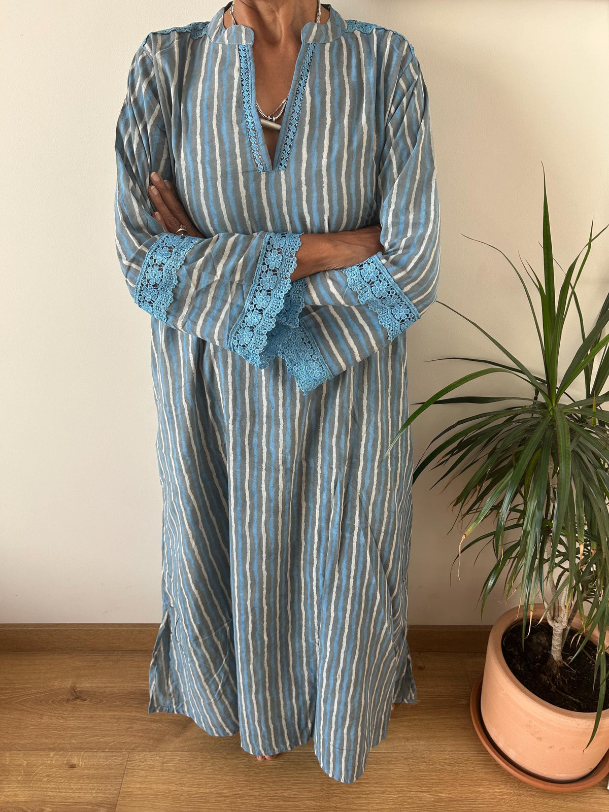 Striped Chinese collar cotton kaftan,caftan, resort wear,loungewear,gifts for her,boho dress,a line dress,block print dress