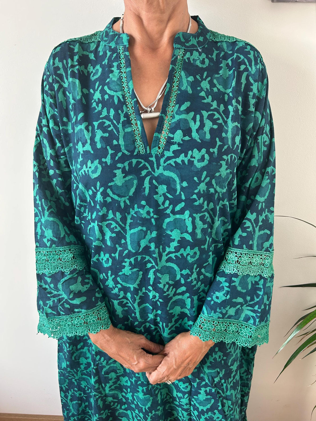Green floral Chinese collar cotton kaftan,caftan, resort wear,loungewear,gifts for her,boho dress,a line dress,block print dress