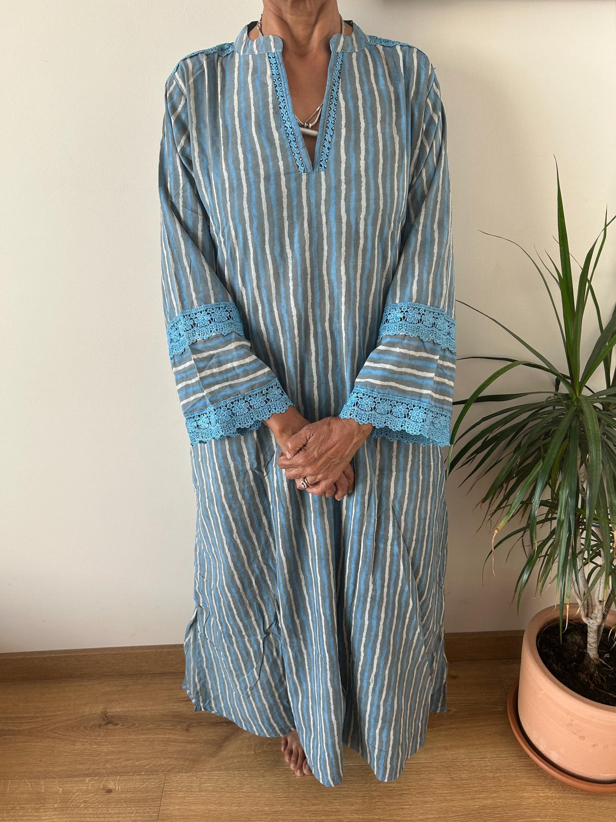 Striped Chinese collar cotton kaftan,caftan, resort wear,loungewear,gifts for her,boho dress,a line dress,block print dress