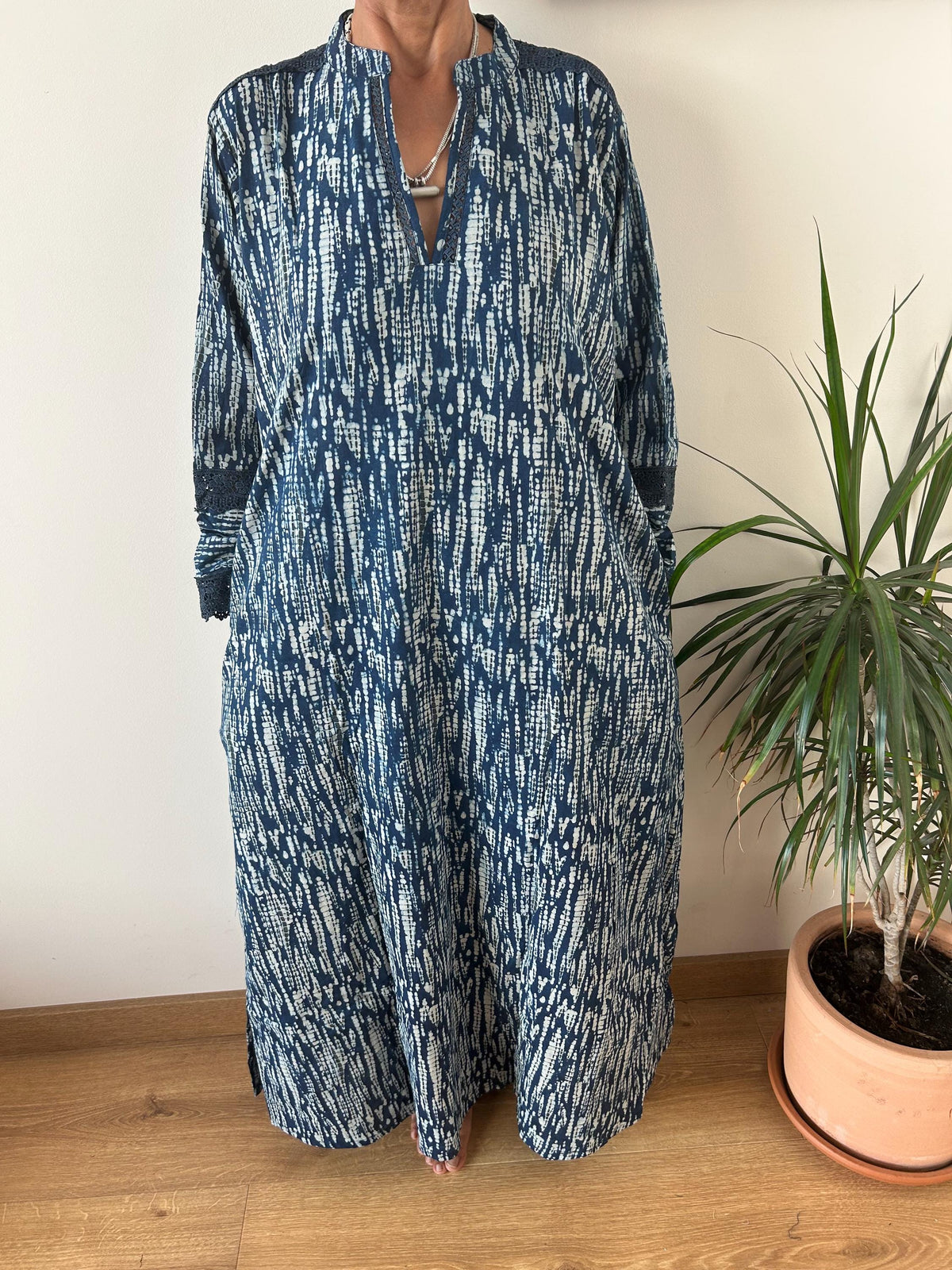 Indigo organic Chinese collar cotton kaftan,caftan, resort wear,loungewear,gifts for her,boho dress,a line dress,block print dress