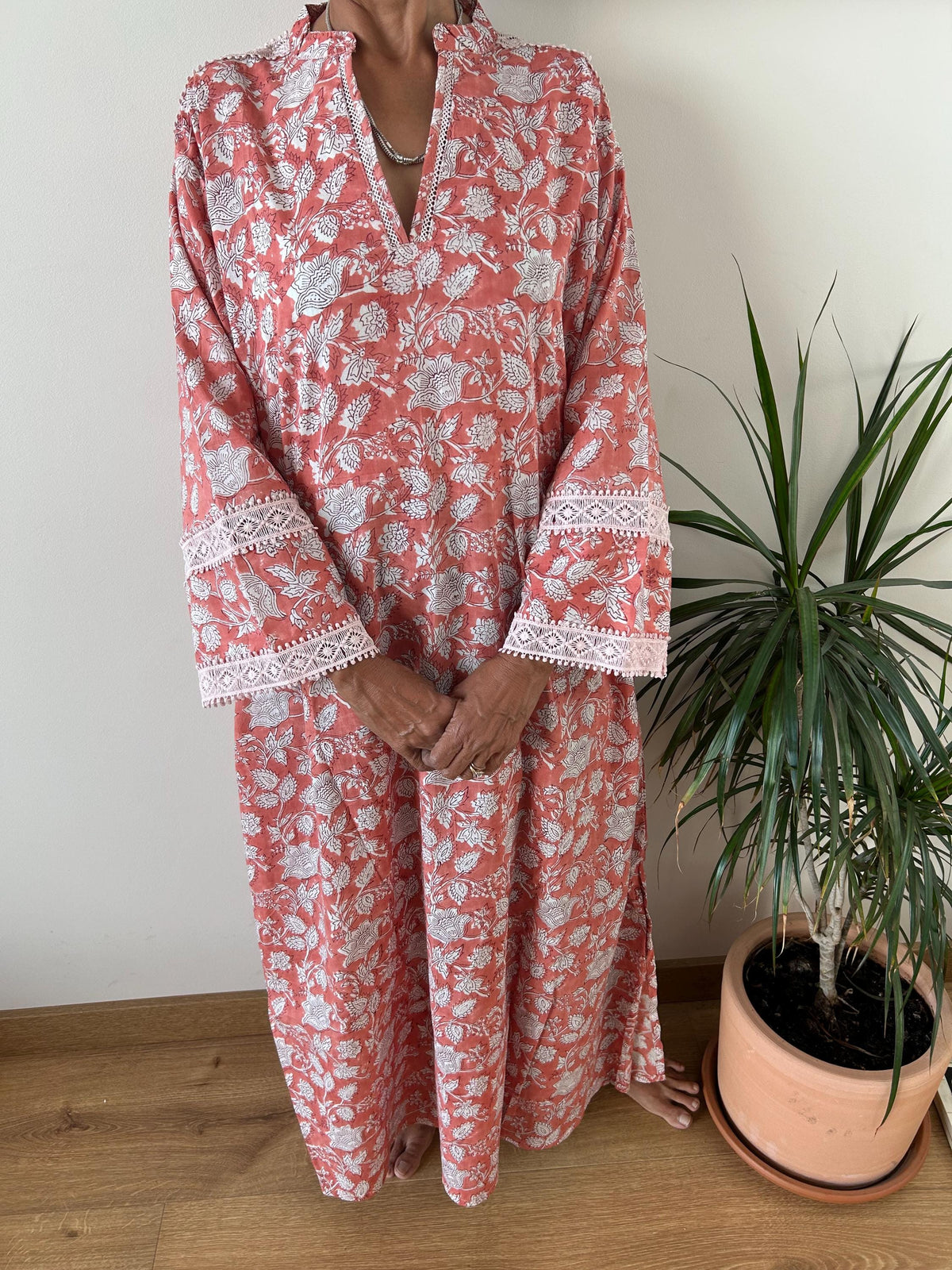 Pink floral Chinese collar cotton kaftan,caftan, resort wear,loungewear,gifts for her,boho dress,a line dress,block print dress