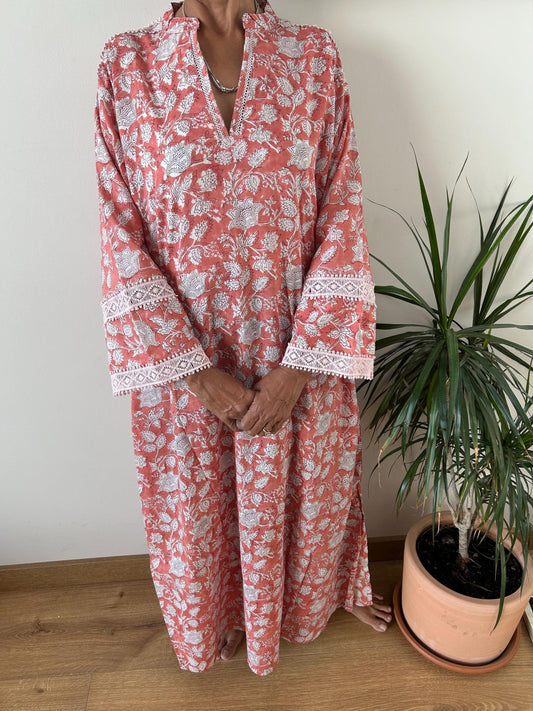 Pink floral Chinese collar cotton kaftan,caftan, resort wear,loungewear,gifts for her,boho dress,a line dress,block print dress