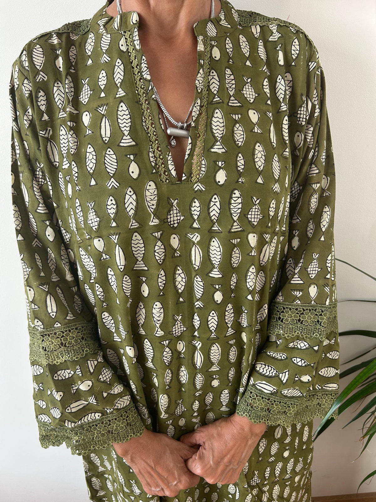 Green fish Chinese collar cotton kaftan,caftan, resort wear,loungewear,gifts for her,boho dress,a line dress,block print dress