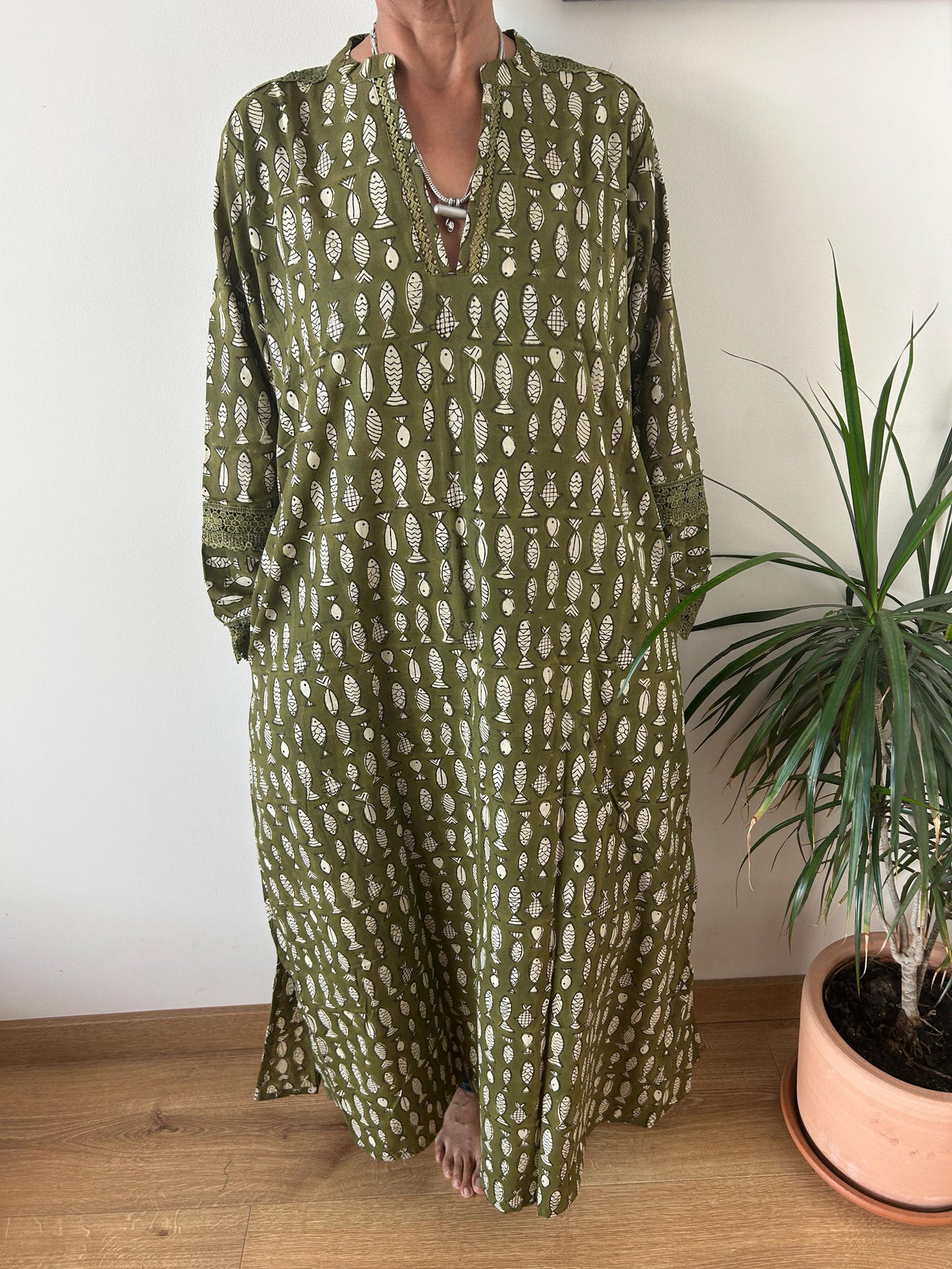 Green fish Chinese collar cotton kaftan,caftan, resort wear,loungewear,gifts for her,boho dress,a line dress,block print dress