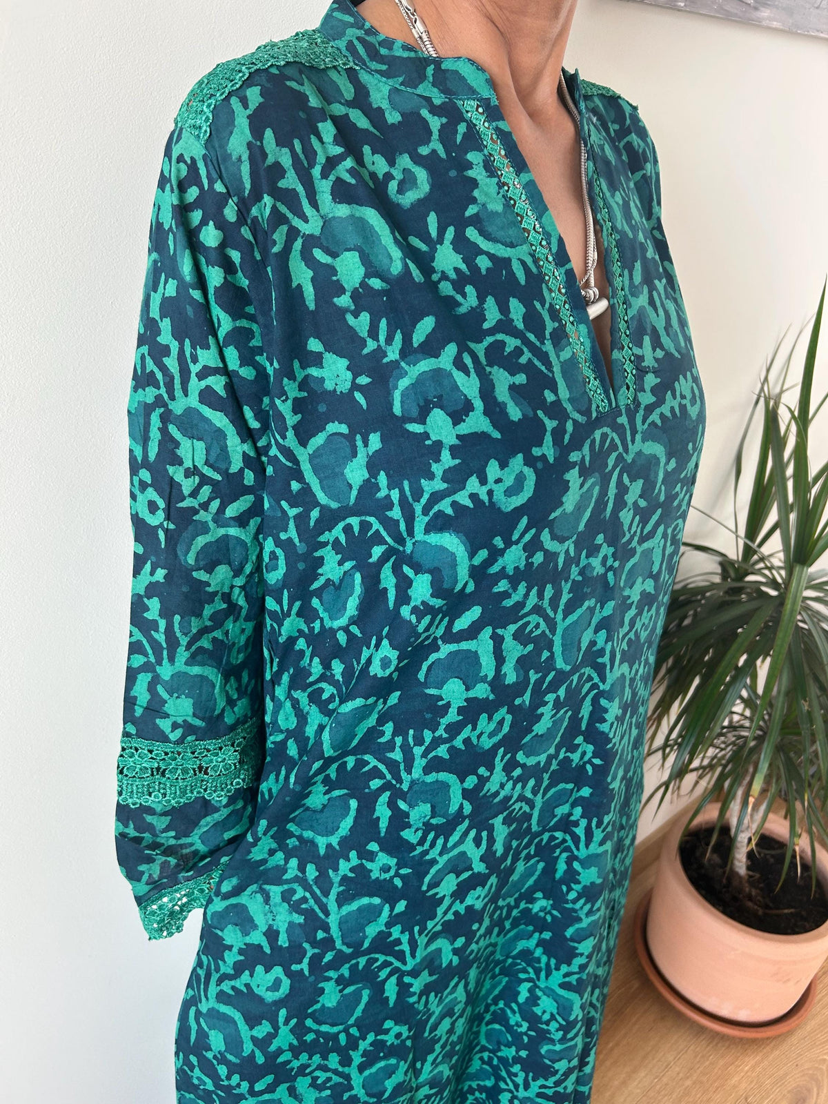 Green floral Chinese collar cotton kaftan,caftan, resort wear,loungewear,gifts for her,boho dress,a line dress,block print dress