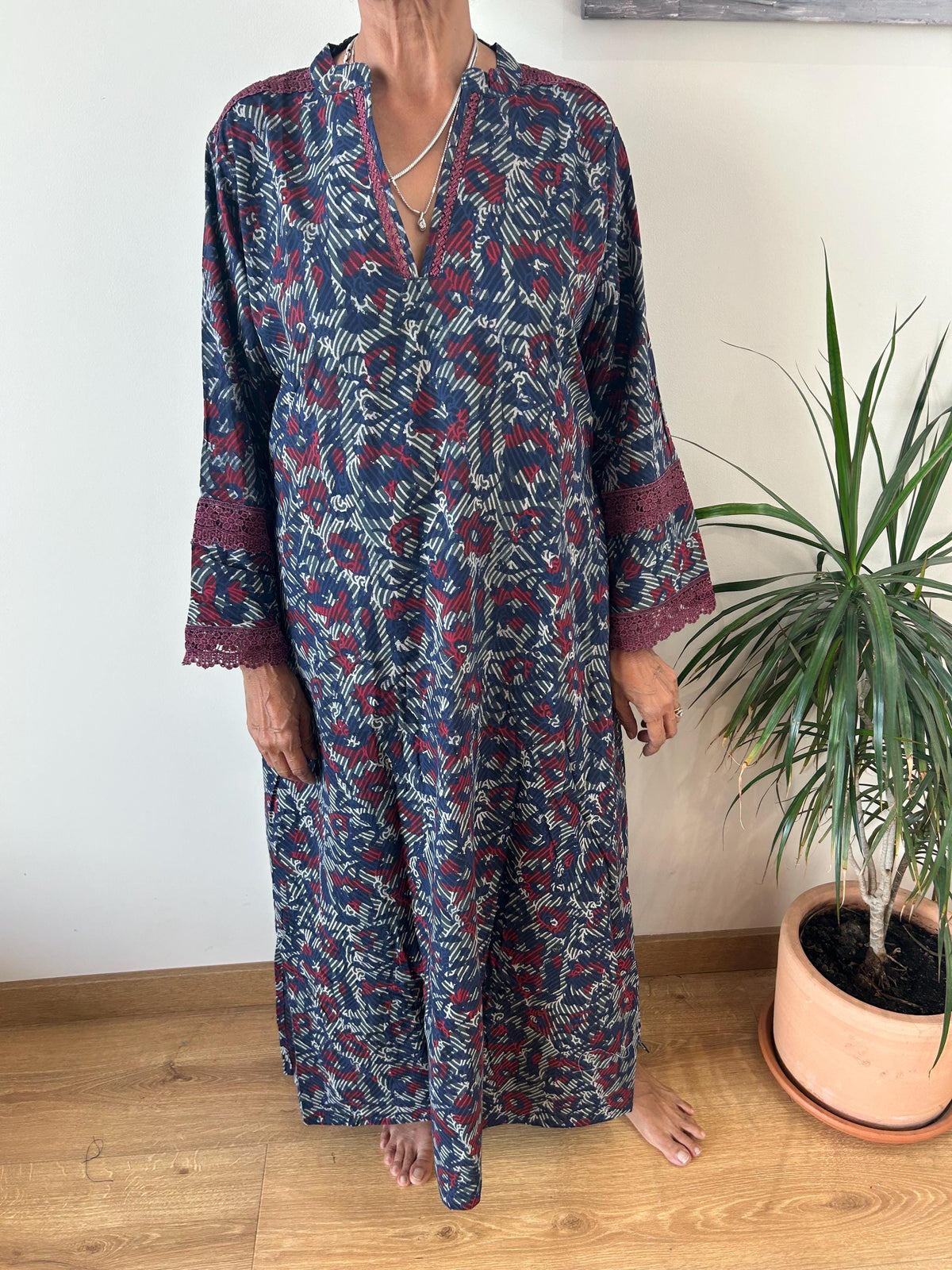 Indigo organic Chinese collar cotton kaftan,caftan, resort wear,loungewear,gifts for her,boho dress,a line dress,block print dress