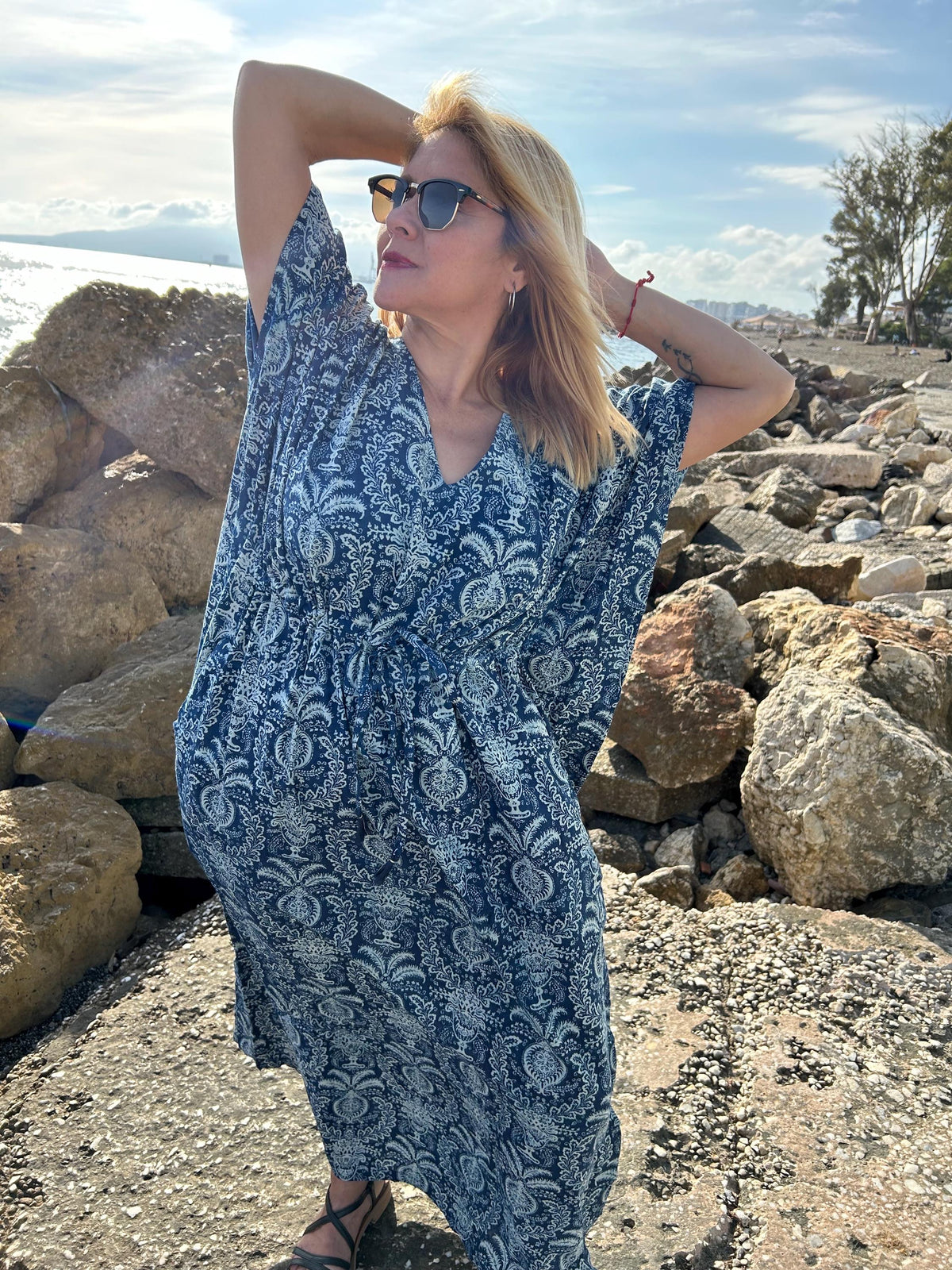 Indigo kaftan with pockets,organic kaftan,gifts for her,resort wear,loungewear,boho dress,plus size dress,gifts for her,Christmas gift
