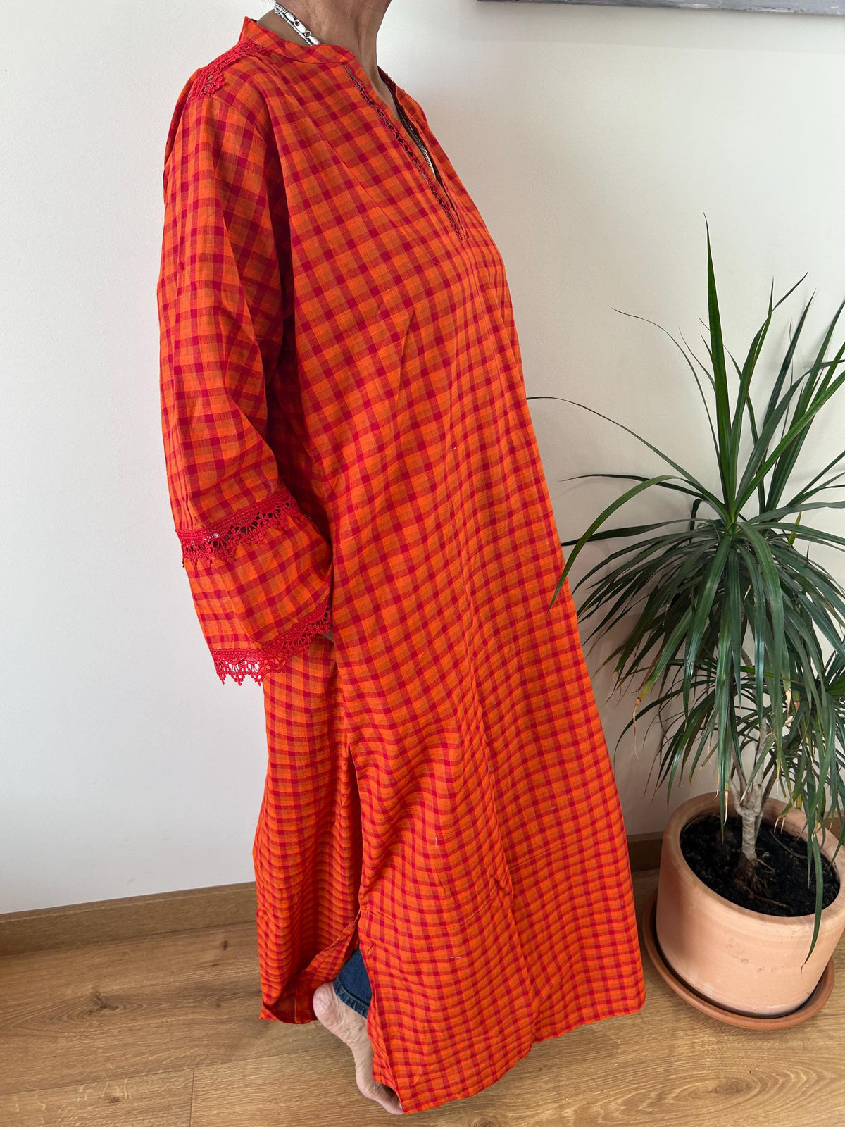 Handwoven checks  Chinese collar cotton kaftan,caftan, resort wear,loungewear,gifts for her,boho dress,a line dress,block print dress