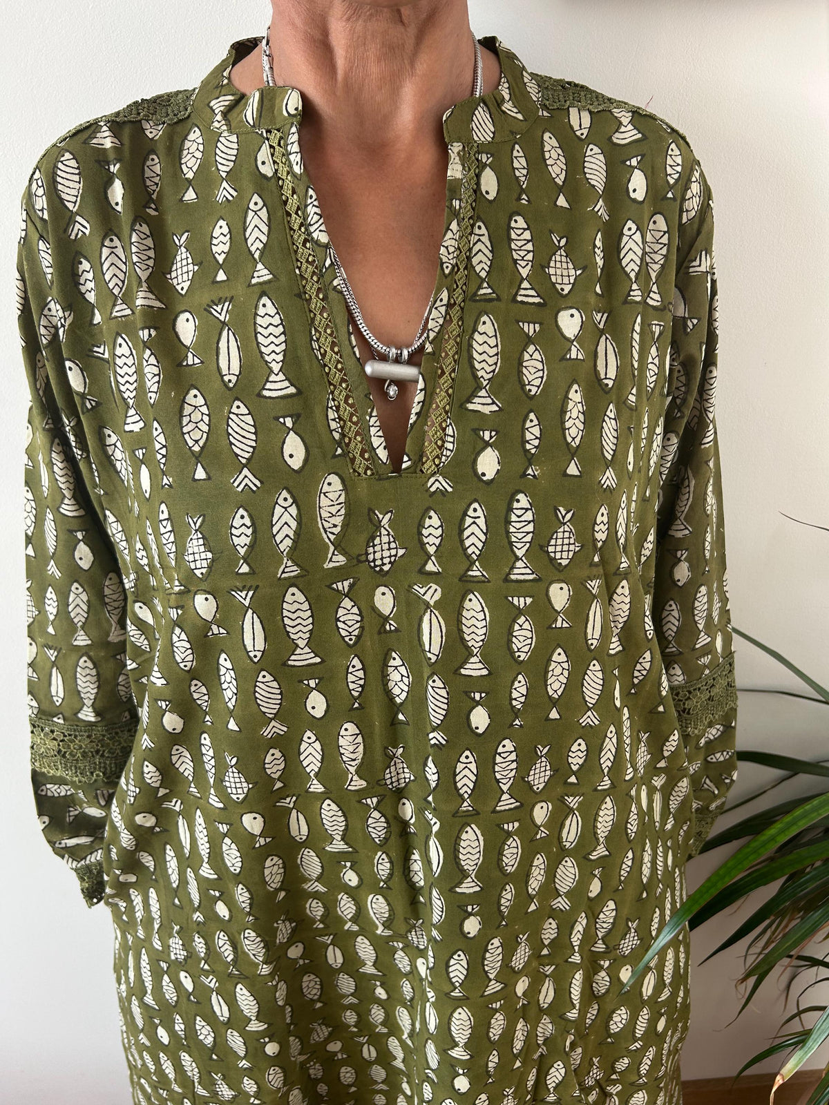 Green fish Chinese collar cotton kaftan,caftan, resort wear,loungewear,gifts for her,boho dress,a line dress,block print dress