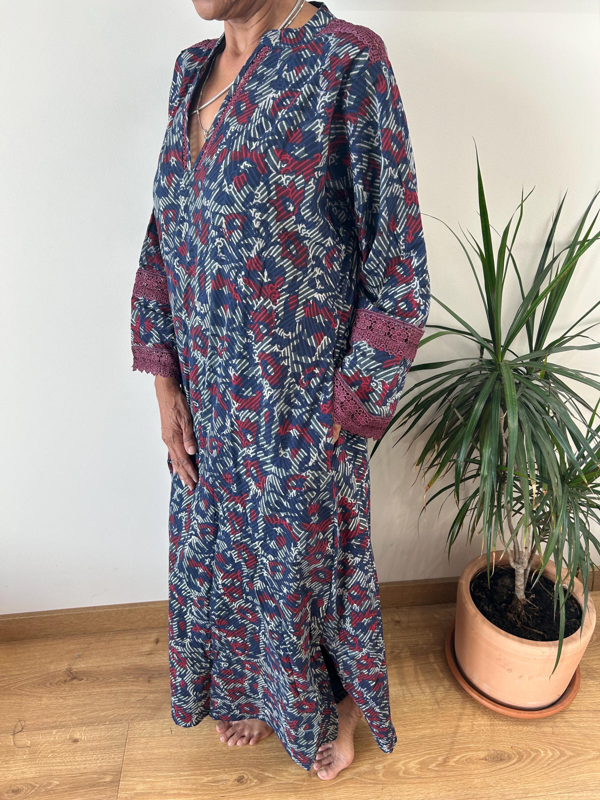 Indigo organic Chinese collar cotton kaftan,caftan, resort wear,loungewear,gifts for her,boho dress,a line dress,block print dress