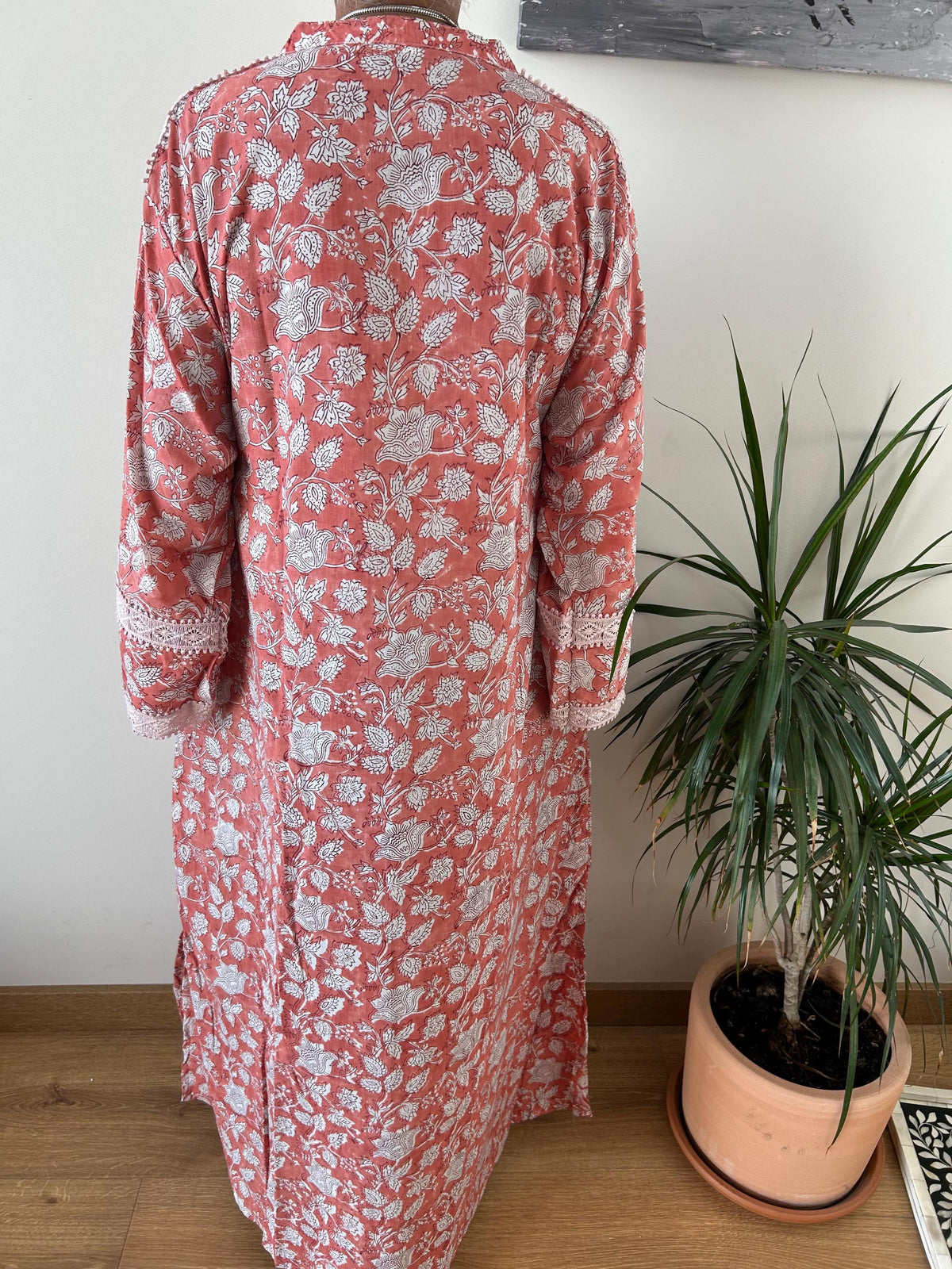 Pink floral Chinese collar cotton kaftan,caftan, resort wear,loungewear,gifts for her,boho dress,a line dress,block print dress