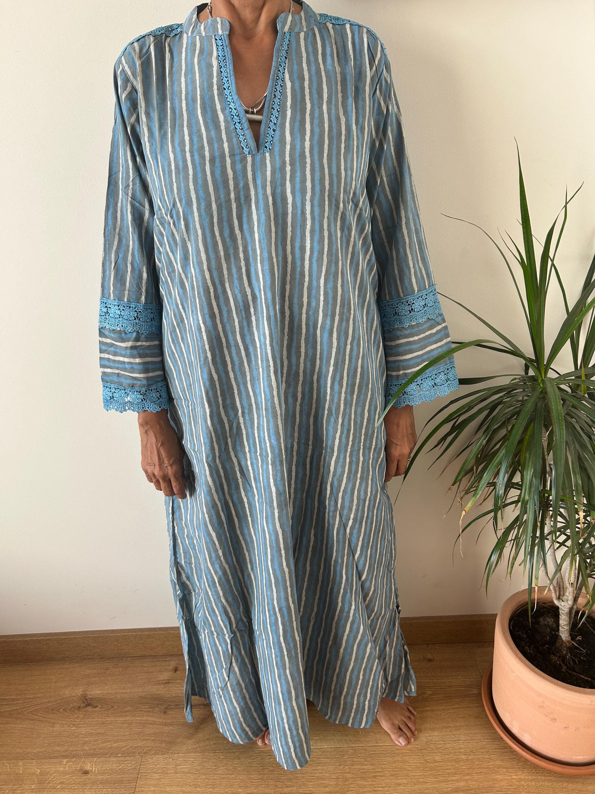 Striped Chinese collar cotton kaftan,caftan, resort wear,loungewear,gifts for her,boho dress,a line dress,block print dress