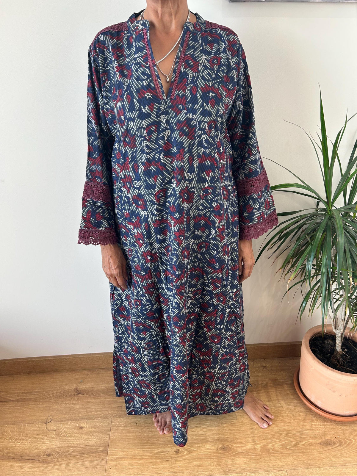Indigo organic Chinese collar cotton kaftan,caftan, resort wear,loungewear,gifts for her,boho dress,a line dress,block print dress