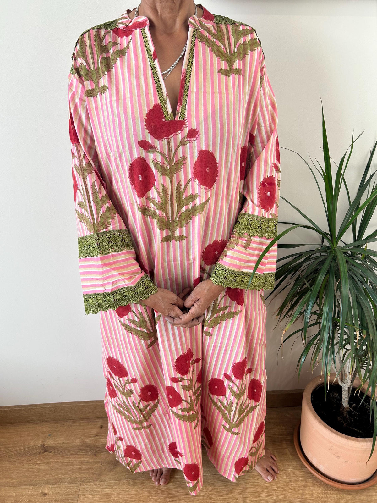 Pink floral striped Chinese collar cotton kaftan,caftan, resort wear,loungewear,gifts for her,boho dress,a line dress,block print dress