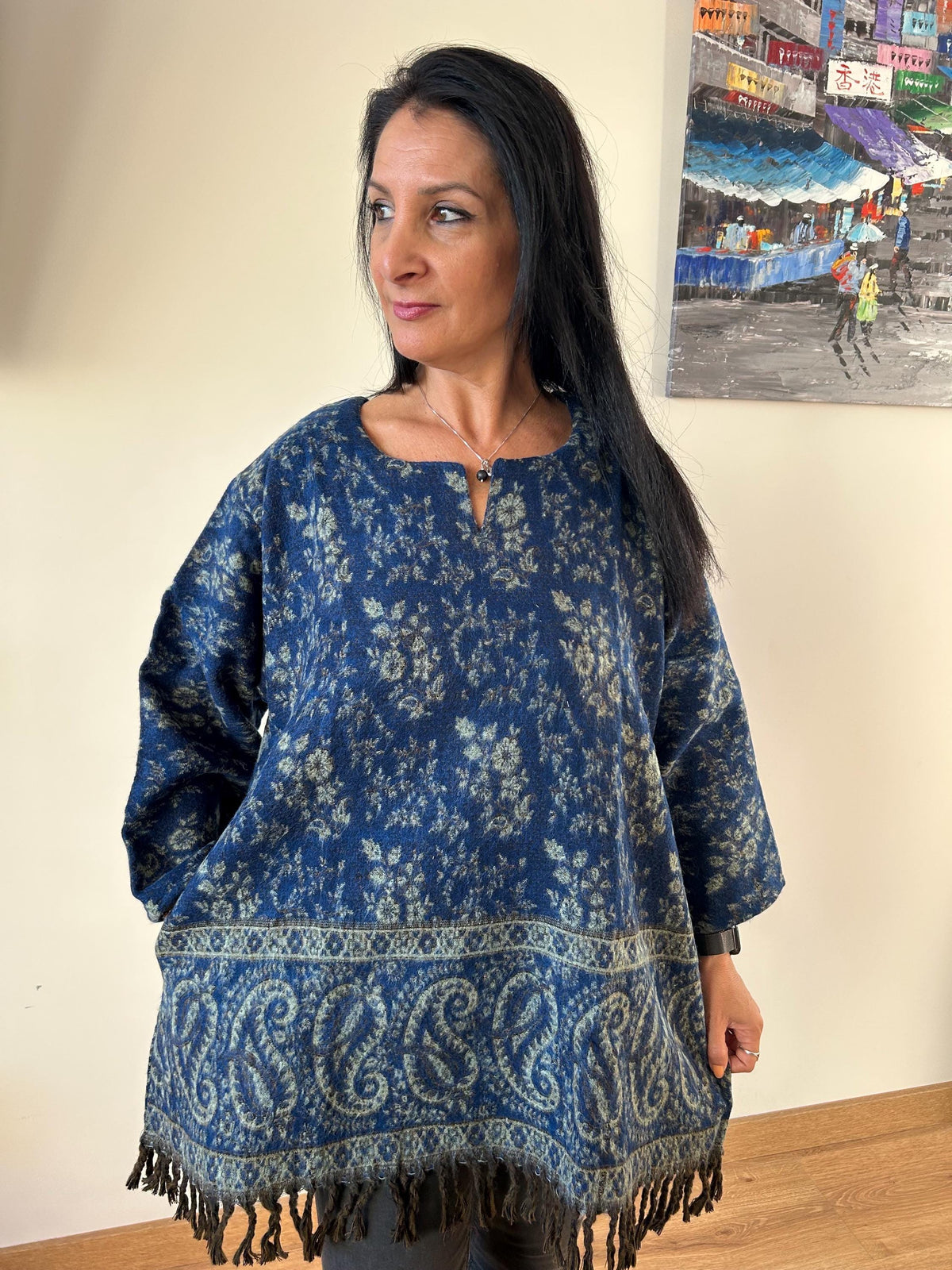 Floral Yak Wool Tunic: Boho Winter Loungewear (Fits XL)