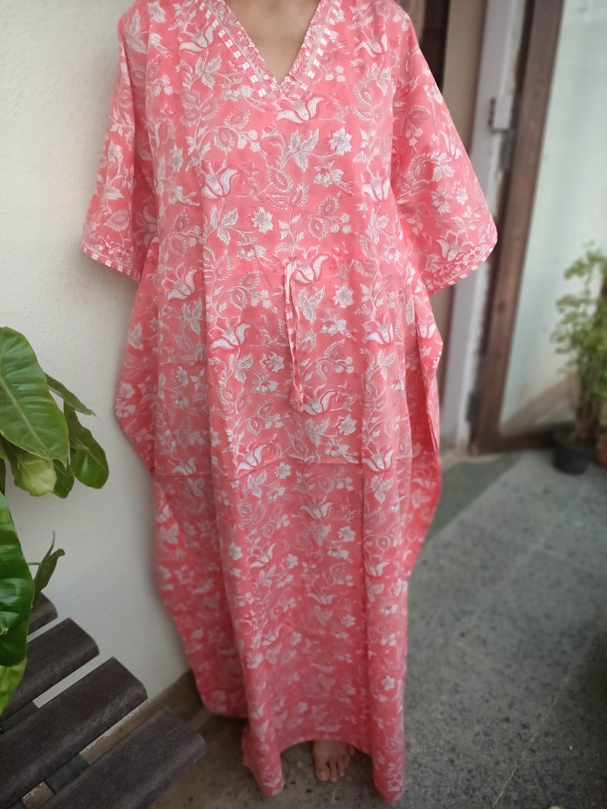 Handmade Block Print Cotton Kaftan: Floral Loungewear Dress