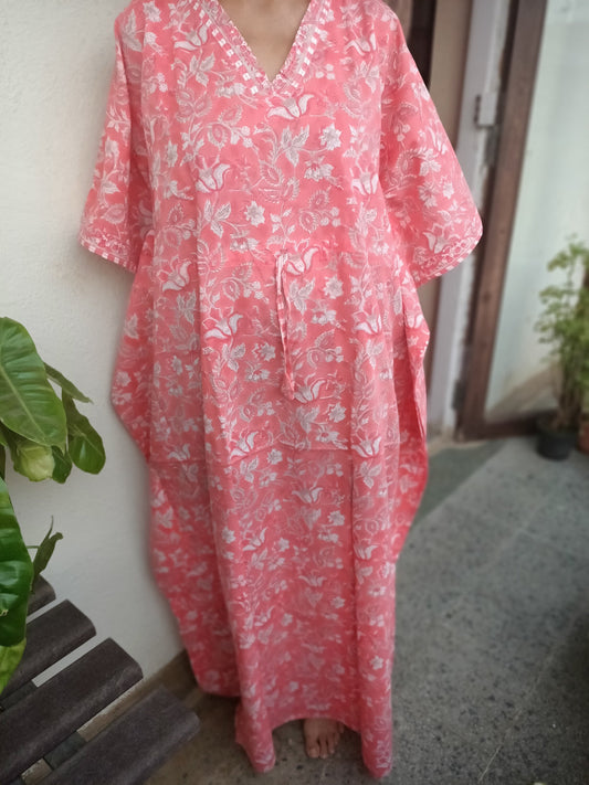 Handmade Block Print Cotton Kaftan: Floral Loungewear Dress