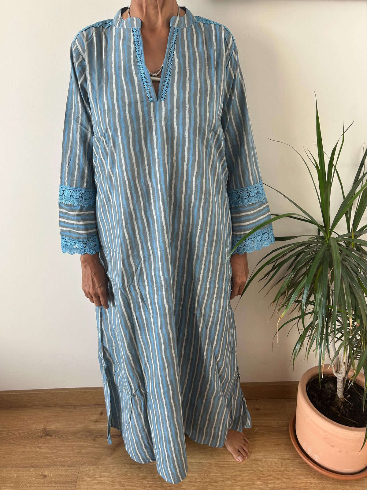 Striped Chinese collar cotton kaftan,caftan, resort wear,loungewear,gifts for her,boho dress,a line dress,block print dress