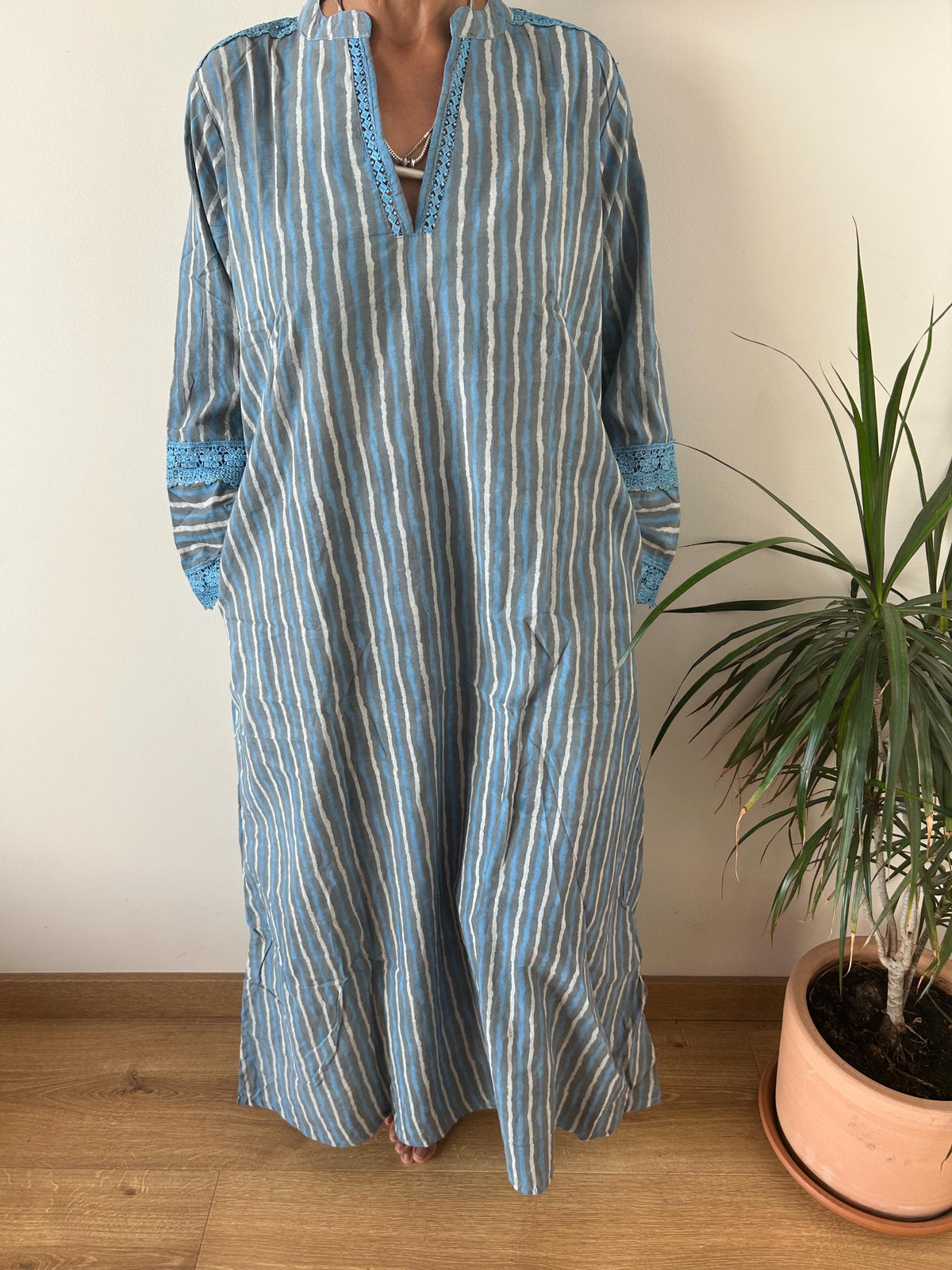 Striped Chinese collar cotton kaftan,caftan, resort wear,loungewear,gifts for her,boho dress,a line dress,block print dress