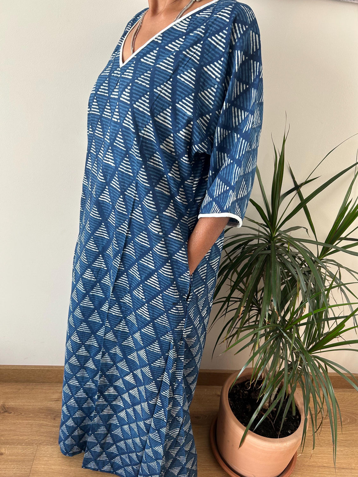 Organic indigo cotton kaftan,caftan, resort wear,loungewear,gifts for her,boho dress,a line dress,block print dress