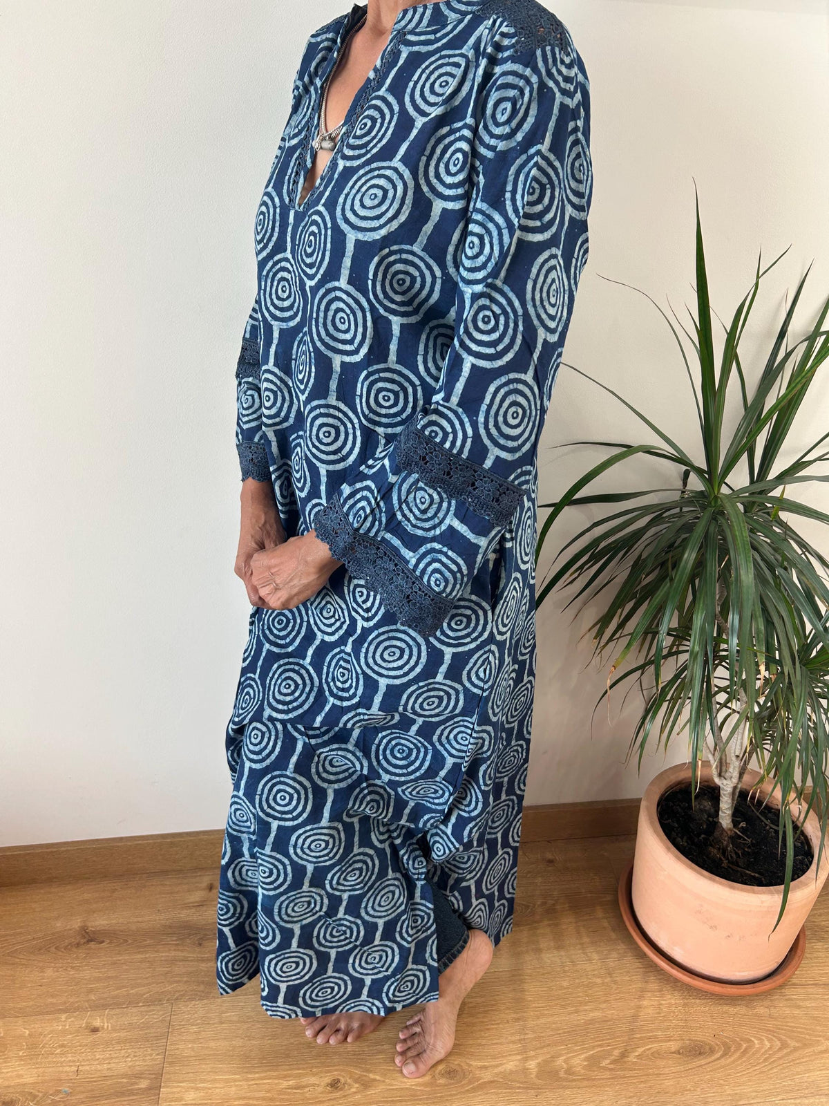 Indigo organic Chinese collar cotton kaftan,caftan, resort wear,loungewear,gifts for her,boho dress,a line dress,block print dress