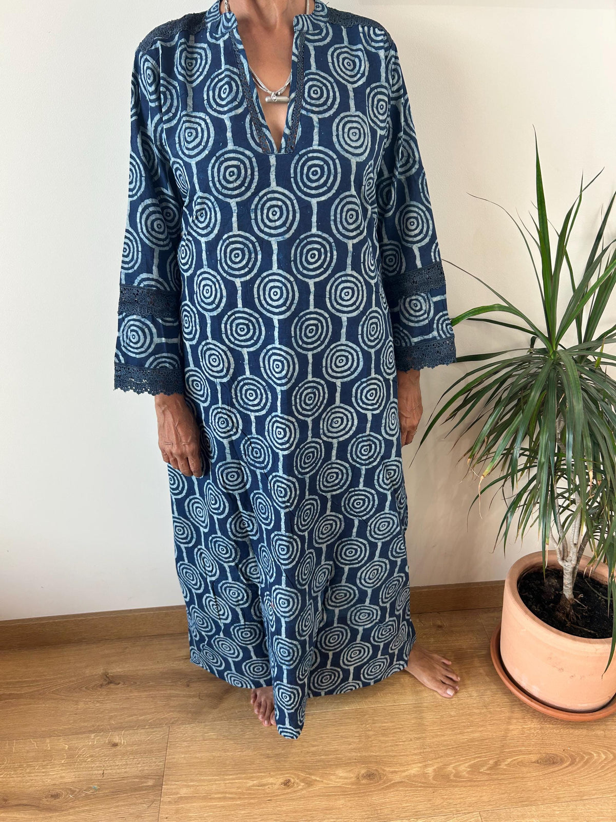 Indigo organic Chinese collar cotton kaftan,caftan, resort wear,loungewear,gifts for her,boho dress,a line dress,block print dress
