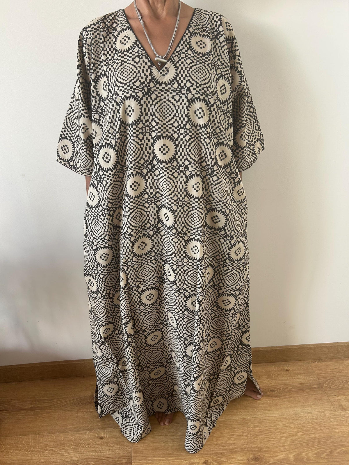 Black beige geometric cotton kaftan,caftan, resort wear,loungewear,gifts for her,boho dress,a line dress,block print dress