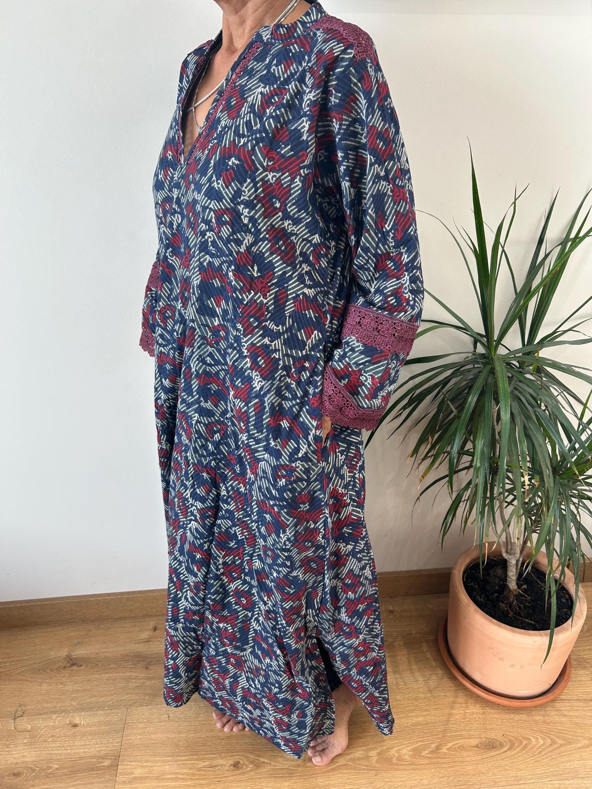 Indigo organic Chinese collar cotton kaftan,caftan, resort wear,loungewear,gifts for her,boho dress,a line dress,block print dress