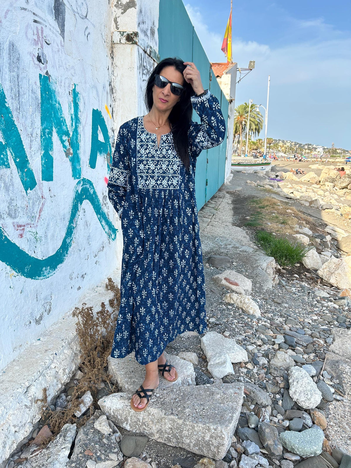 Indigo organic Embroidered cotton kaftan,caftan, resort wear,loungewear,gifts for her,boho dress,a line dress,block print dress,Resort wear