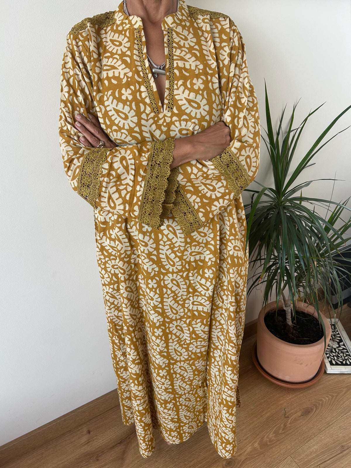 Mustard beige Chinese collar cotton kaftan,caftan, resort wear,loungewear,gifts for her,boho dress,a line dress,block print dress