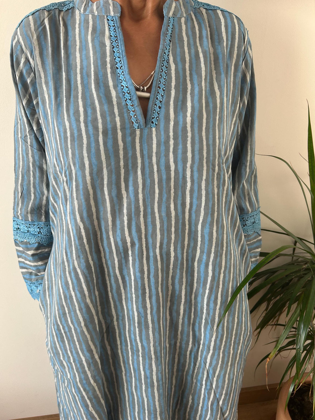 Striped Chinese collar cotton kaftan,caftan, resort wear,loungewear,gifts for her,boho dress,a line dress,block print dress