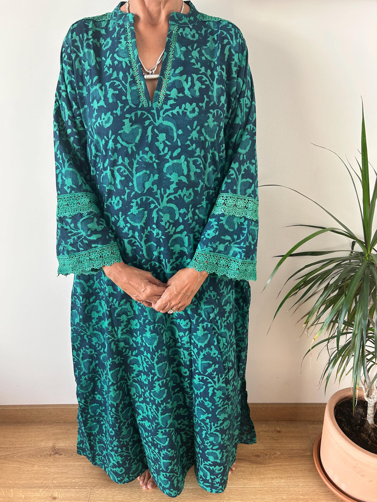 Green floral Chinese collar cotton kaftan,caftan, resort wear,loungewear,gifts for her,boho dress,a line dress,block print dress