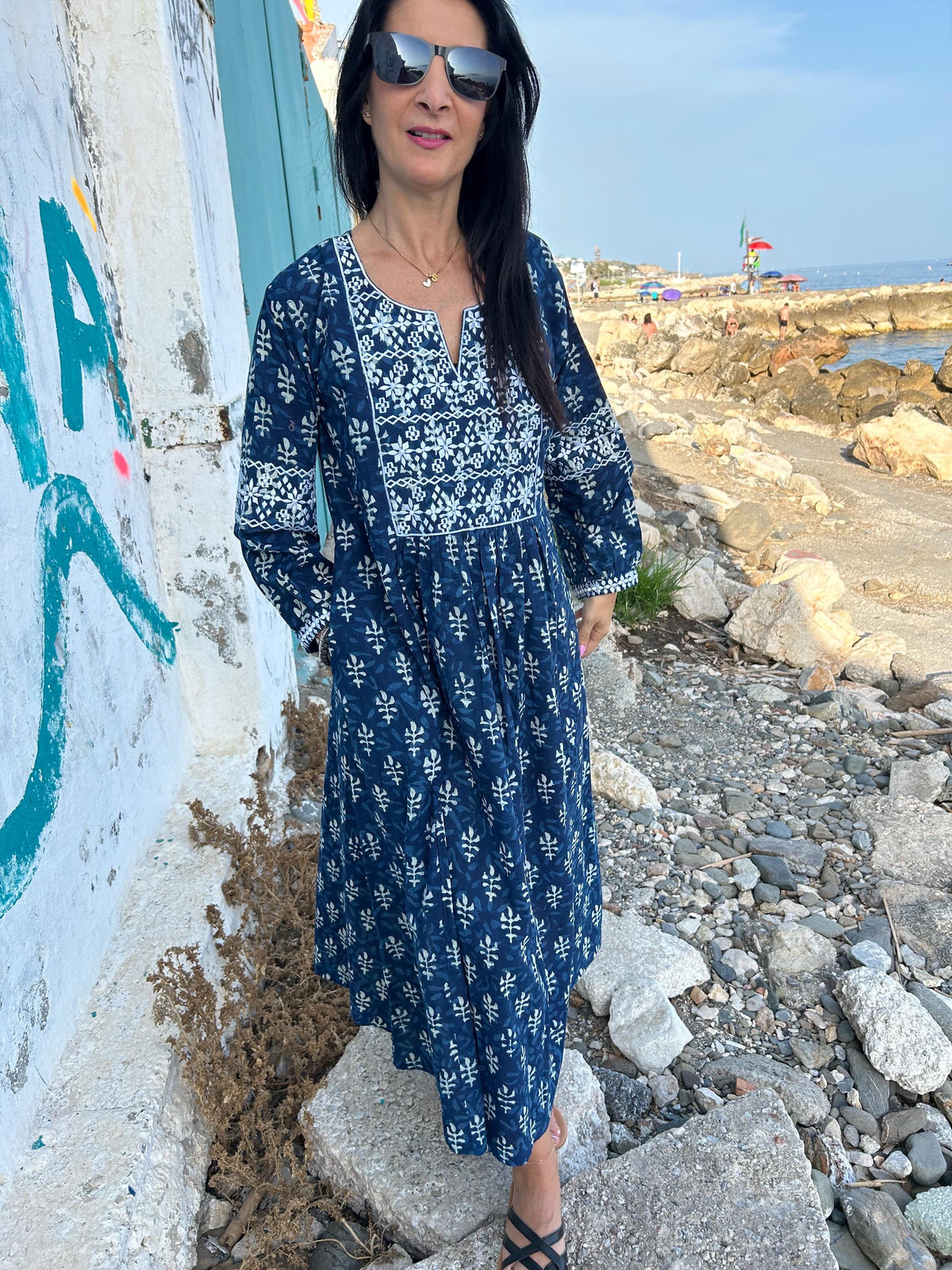 Indigo organic Embroidered cotton kaftan,caftan, resort wear,loungewear,gifts for her,boho dress,a line dress,block print dress,Resort wear