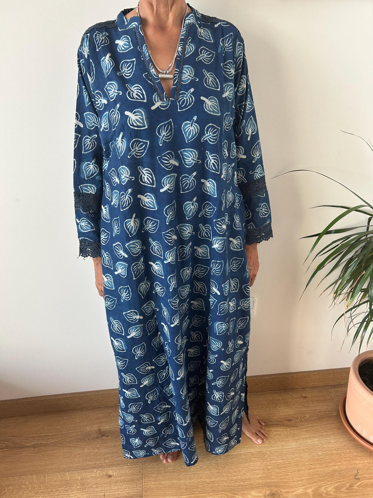 Indigo organic Chinese collar cotton kaftan,caftan, resort wear,loungewear,gifts for her,boho dress,a line dress,block print dress