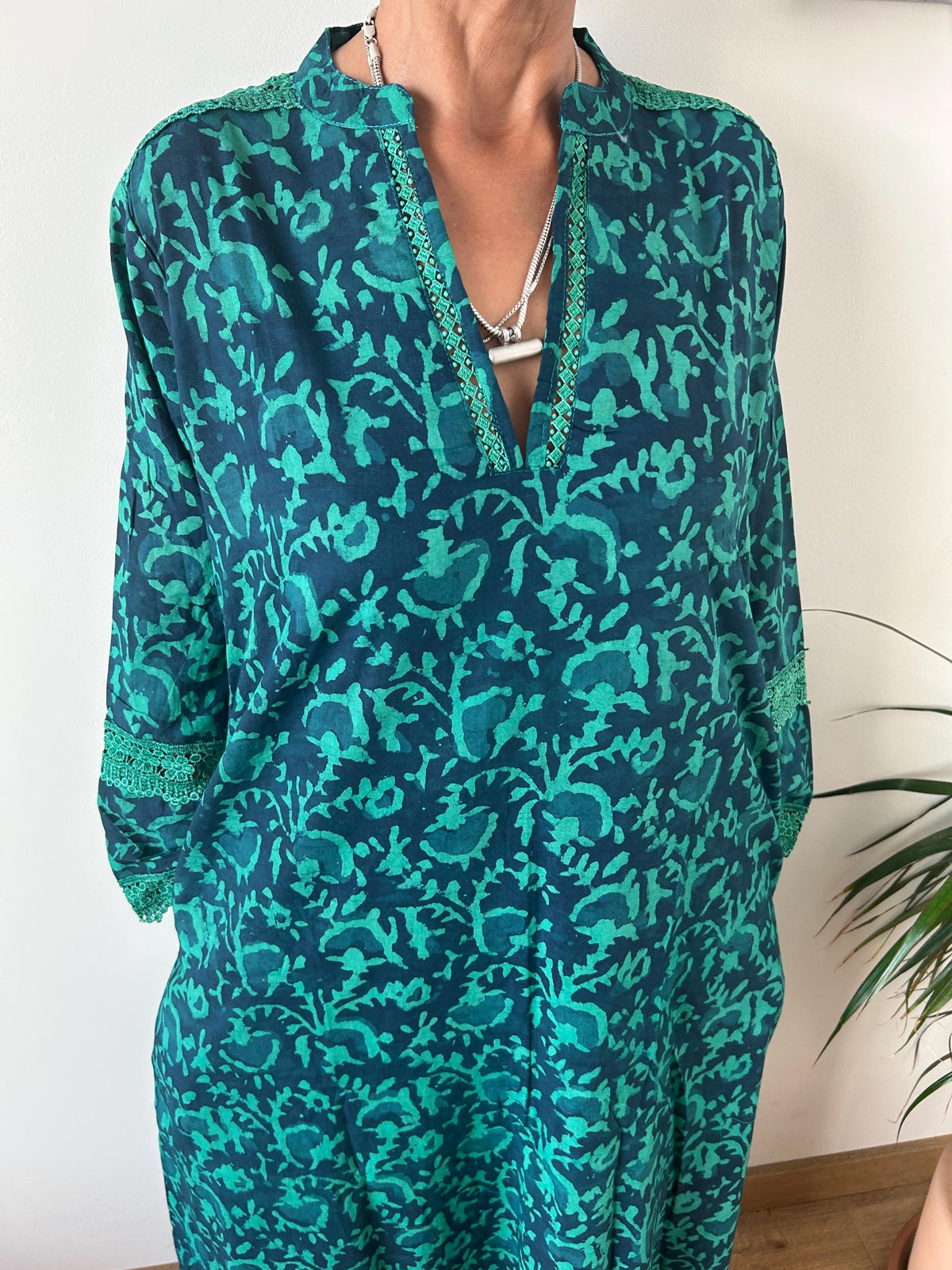 Green floral Chinese collar cotton kaftan,caftan, resort wear,loungewear,gifts for her,boho dress,a line dress,block print dress