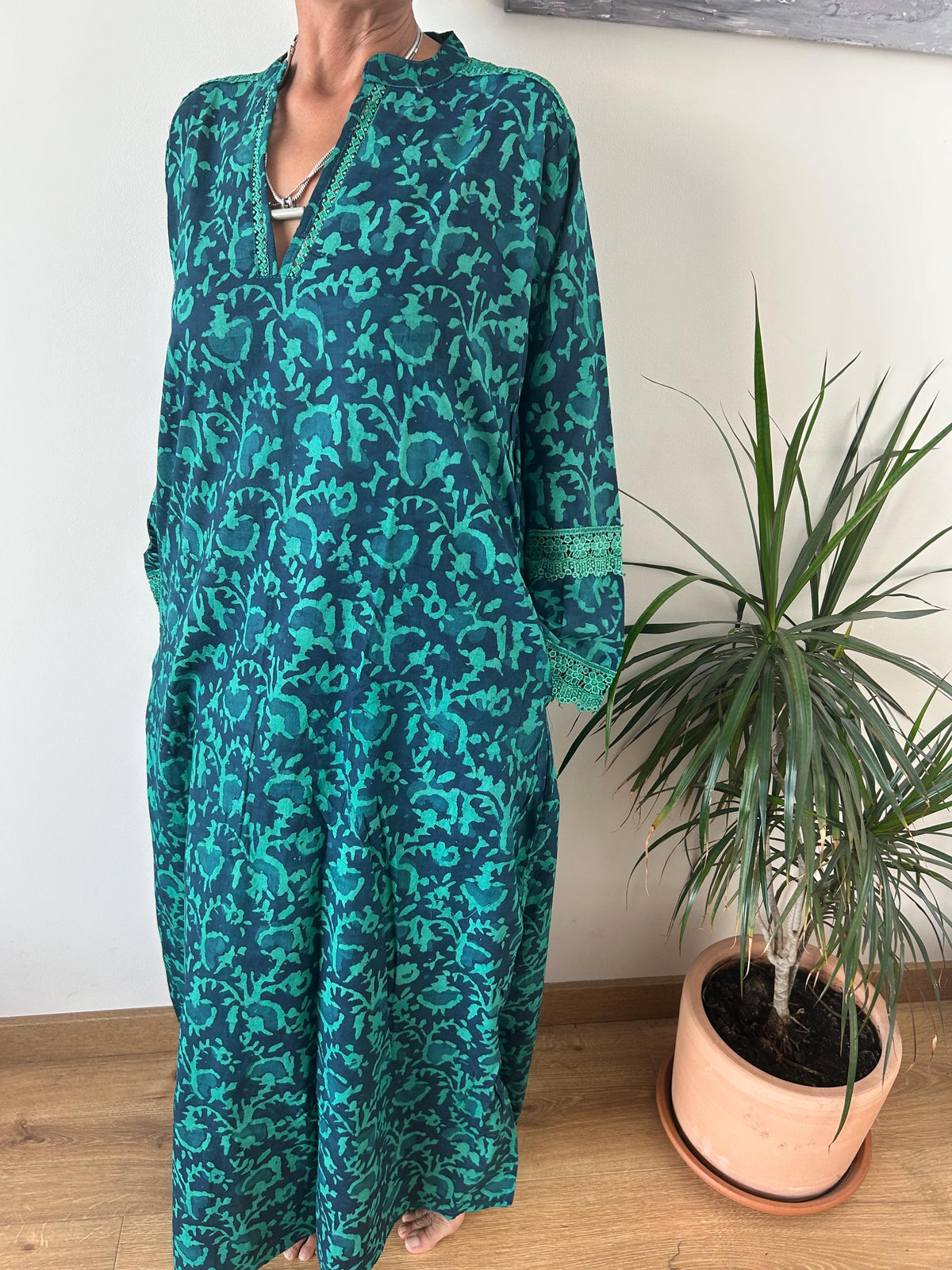 Green floral Chinese collar cotton kaftan,caftan, resort wear,loungewear,gifts for her,boho dress,a line dress,block print dress