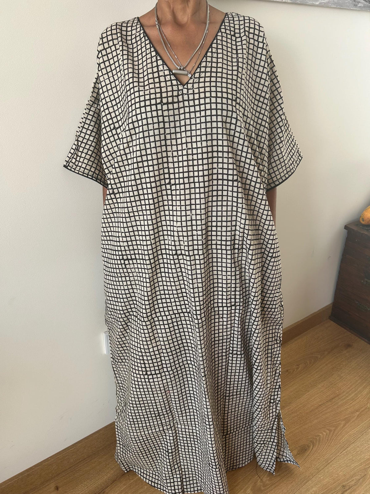 Indigo check cotton kaftan,caftan, resort wear,loungewear,gifts for her,boho dress,a line dress,block print dress