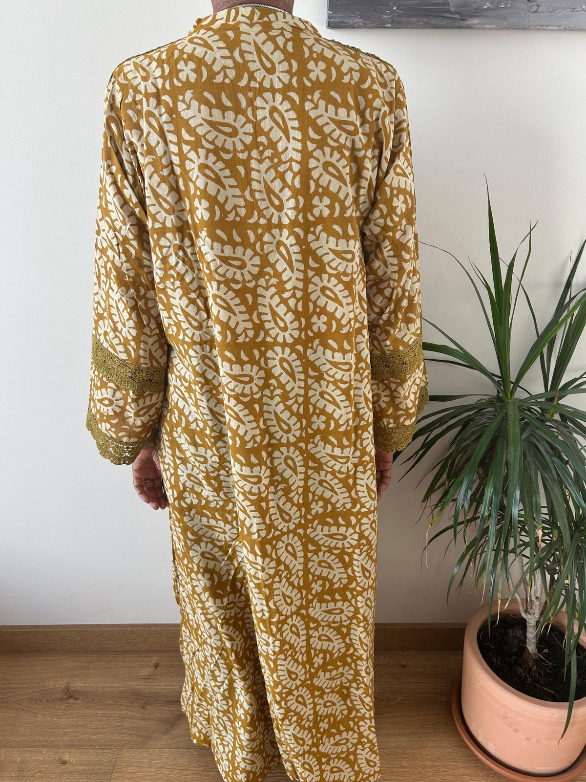 Mustard beige Chinese collar cotton kaftan,caftan, resort wear,loungewear,gifts for her,boho dress,a line dress,block print dress