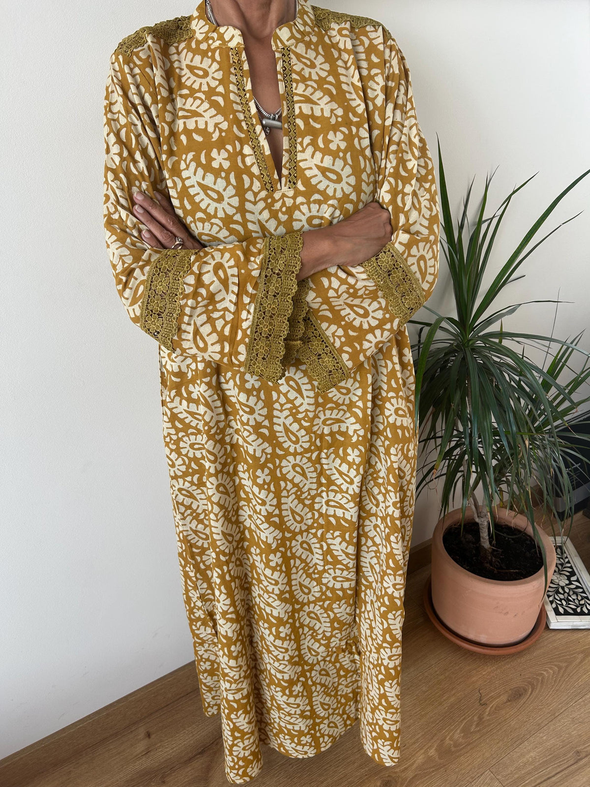 Mustard beige Chinese collar cotton kaftan,caftan, resort wear,loungewear,gifts for her,boho dress,a line dress,block print dress