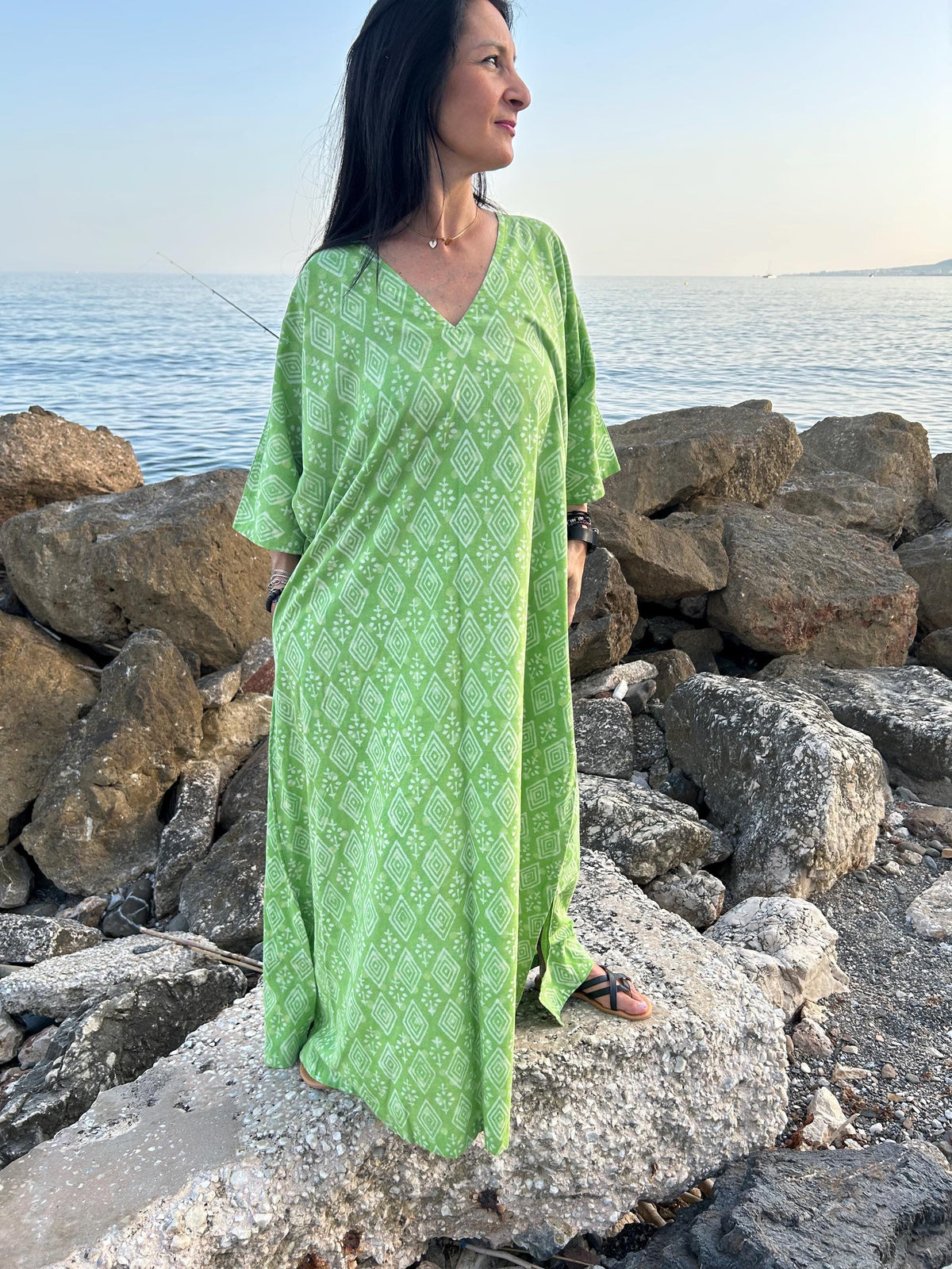 Green cotton kaftan,caftan, resort wear,loungewear,gifts for her,boho dress,a line dress,block print dress