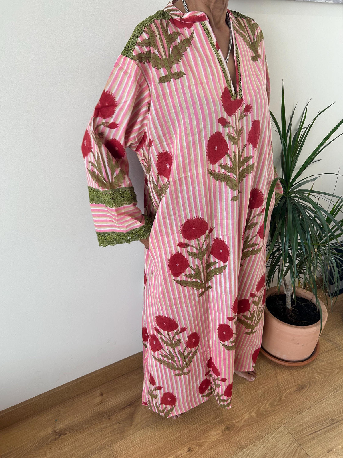 Pink floral striped Chinese collar cotton kaftan,caftan, resort wear,loungewear,gifts for her,boho dress,a line dress,block print dress