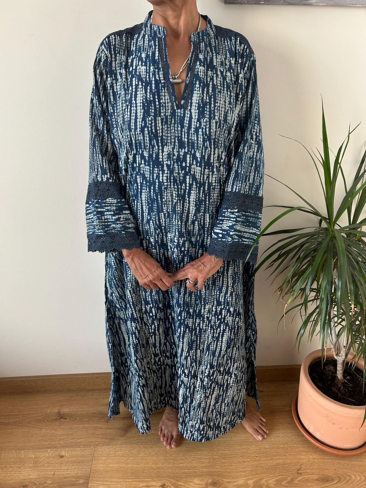 Indigo organic Chinese collar cotton kaftan,caftan, resort wear,loungewear,gifts for her,boho dress,a line dress,block print dress