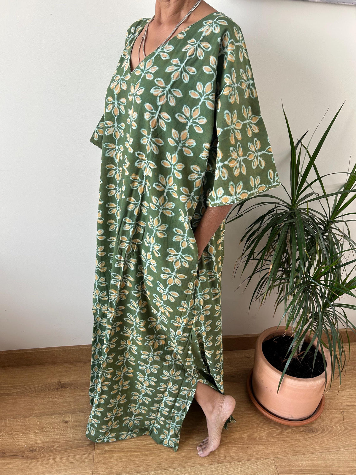 Green cotton kaftan,caftan, resort wear,loungewear,gifts for her,boho dress,a line dress,block print dress
